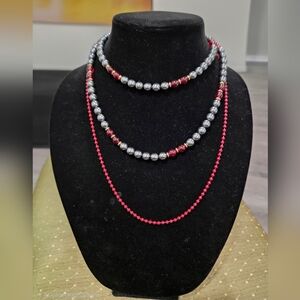 Gray and Barn Red Beaded Necklace Set